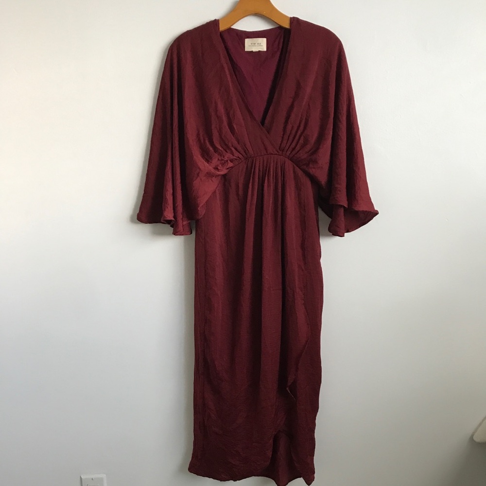 IF BY SEA WOMENS DRESS BATWING SHORT SLEEVES WINE MIDI SMALL